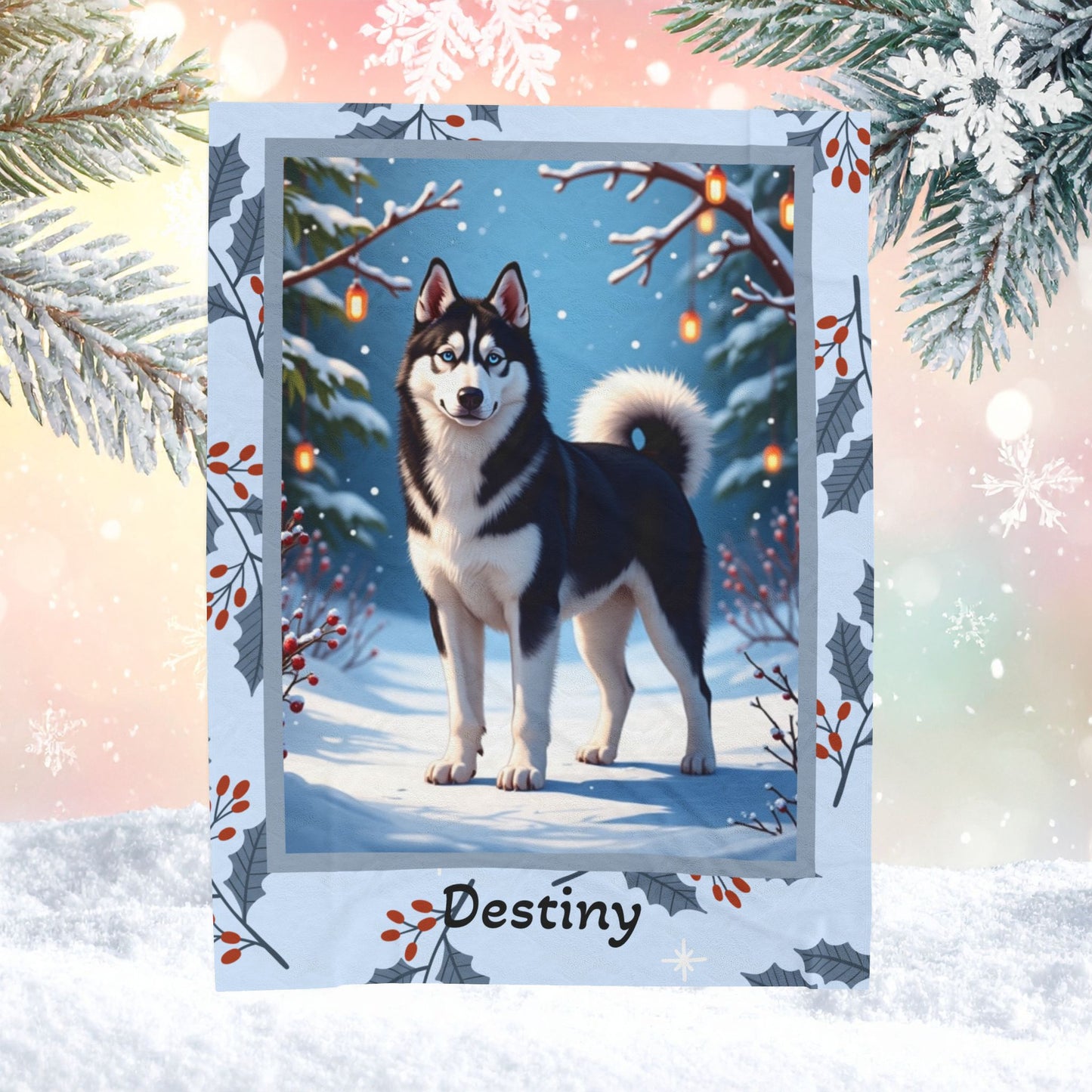 Husky Black and White personalized winter throw with striking Husky artwork and glowing snowy lodge background