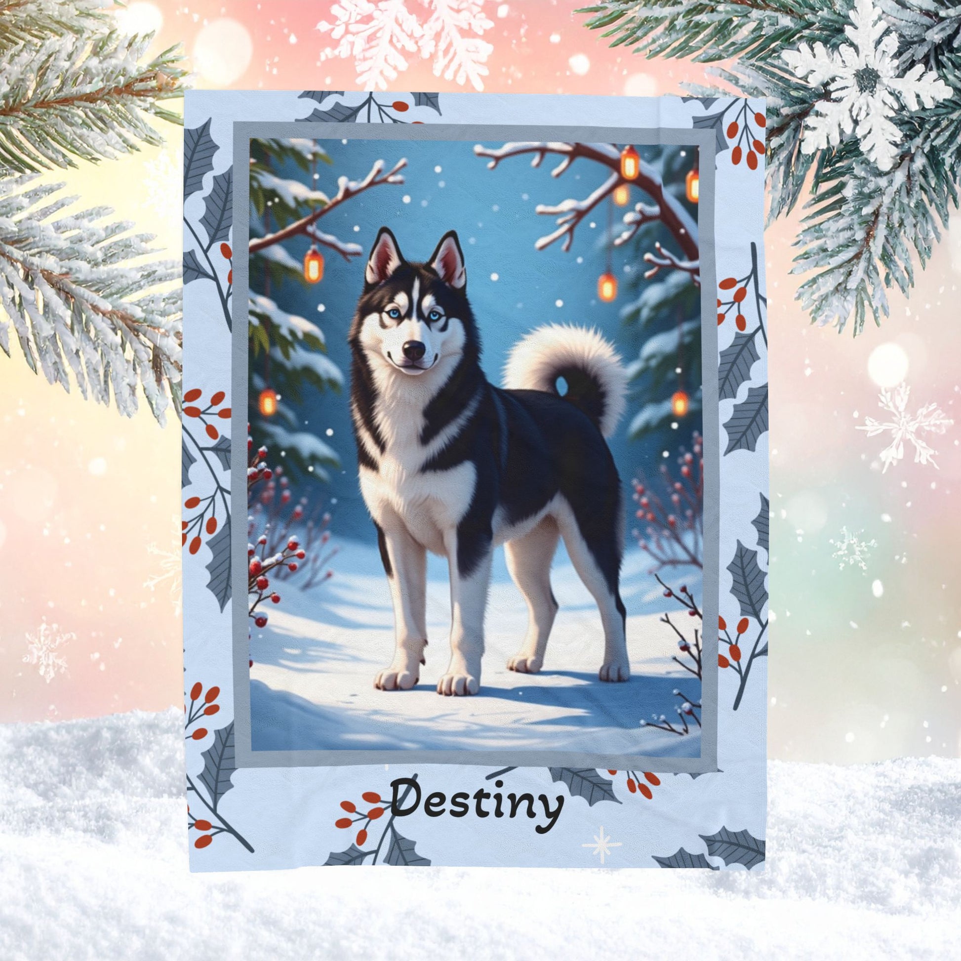 Husky Black and White personalized winter throw with striking Husky artwork and glowing snowy lodge background