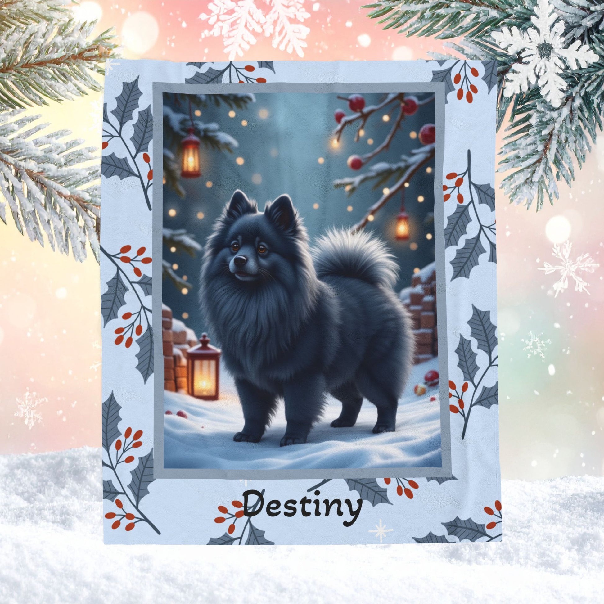 Pomeranian Blue custom winter blanket showing a rare blue Pom in a cheerful lodge-style winter illustration