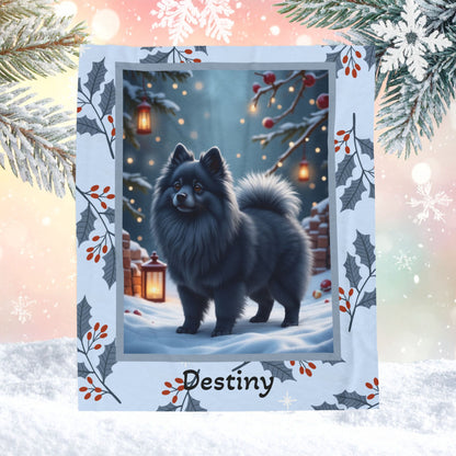 Pomeranian Blue custom winter blanket showing a rare blue Pom in a cheerful lodge-style winter illustration