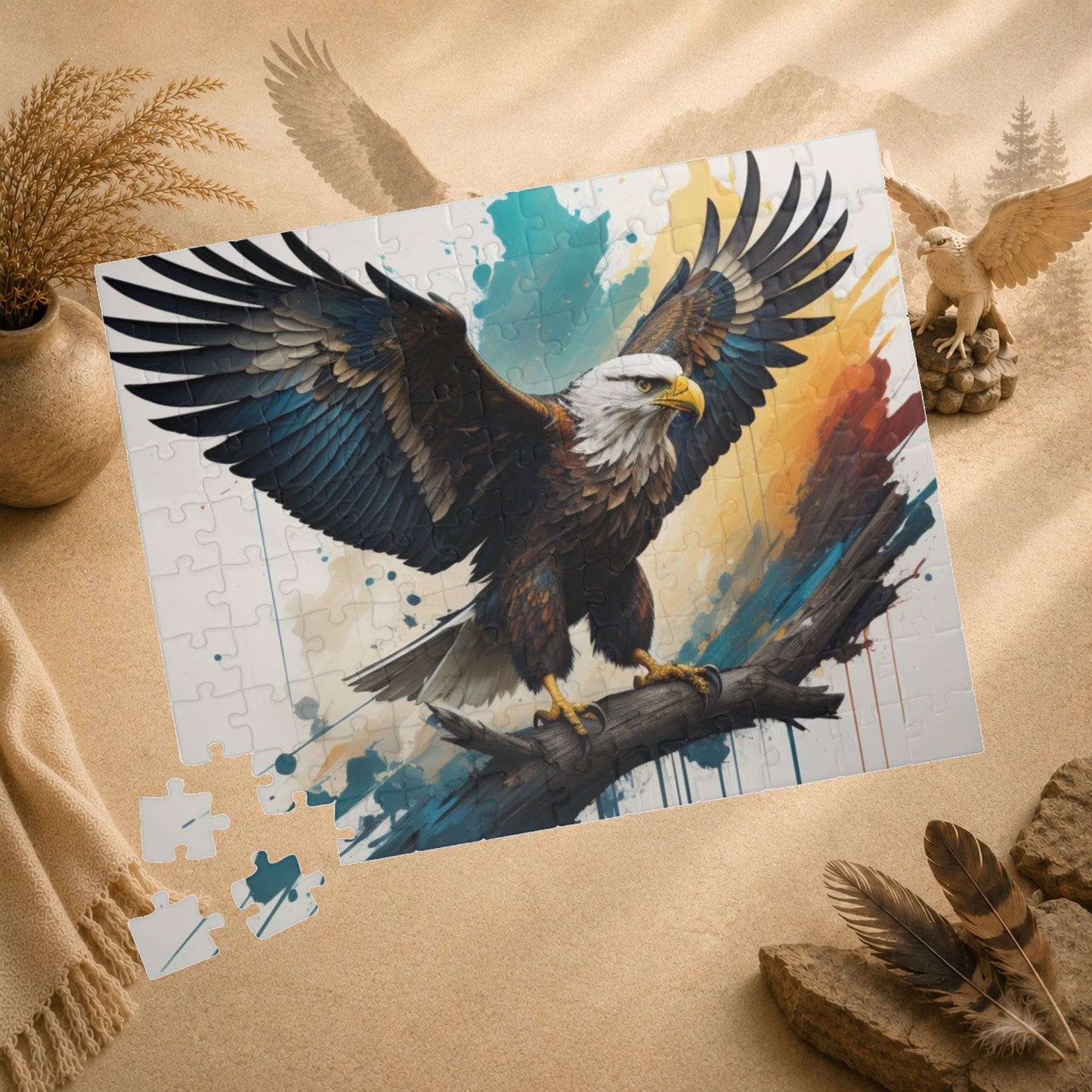 Inspirational Eagle Flight - Full-Body Bald Eagle Puzzle with Wings Spread on Watercolor Splash Background