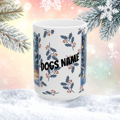 Great Dane (Blue) Winter Mug - blue Great Dane artwork standing calmly in a cozy winter scene with pine accents