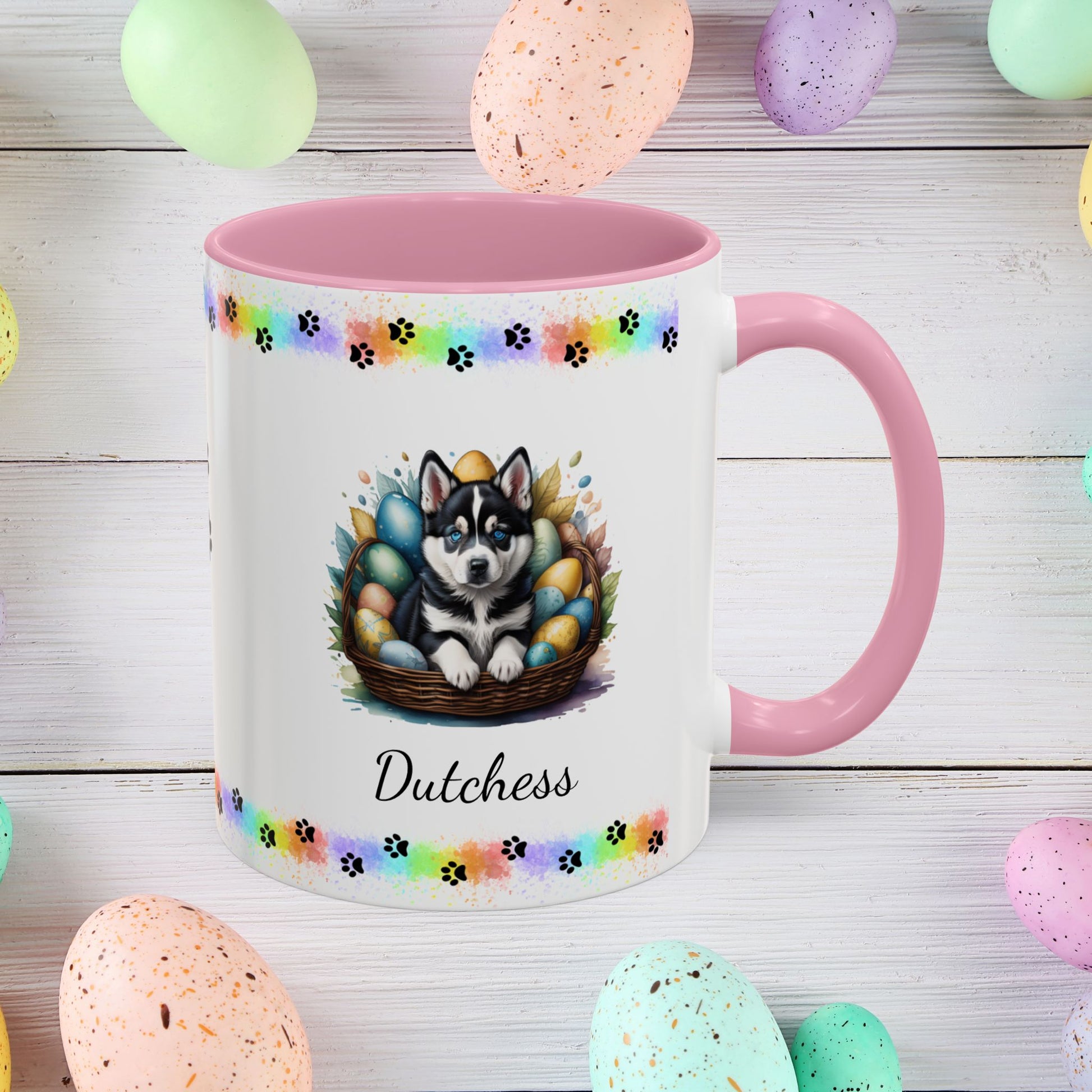 Siberian Husky: Personalized Easter Puppy Coffee Mug - Adorable Dog Design, Mental Health Gift, 11oz & 15oz, 12 Color Choices, Easter Gifts & Décor