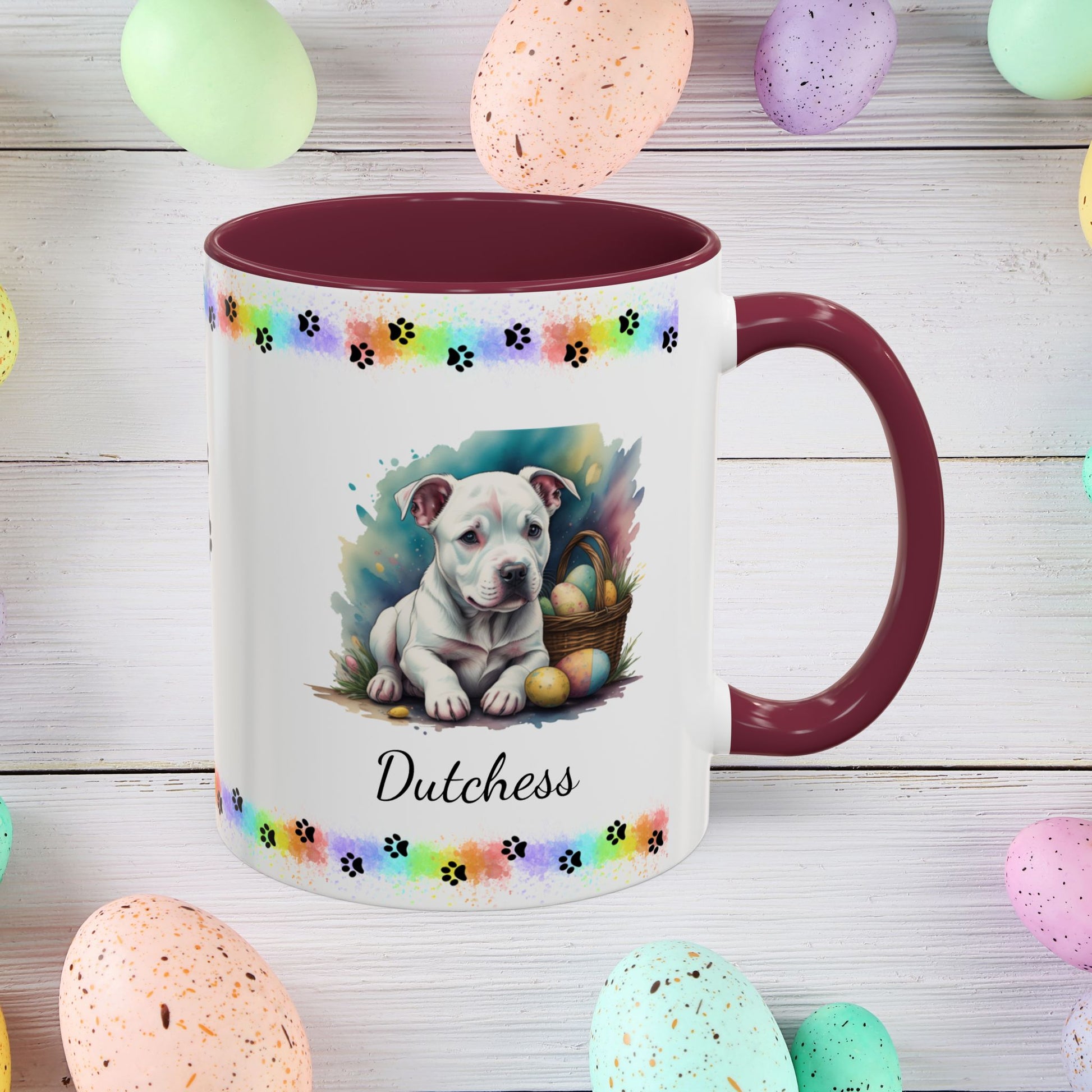 Pitbull (White): Personalized Easter Puppy Coffee Mug - Adorable Dog Design, Mental Health Gift, 11oz & 15oz, 12 Color Choices, Easter Gifts & Décor