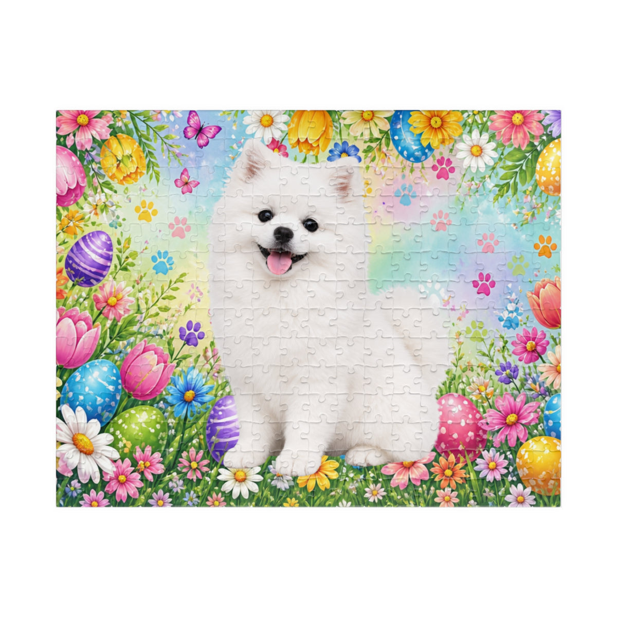 Pomeranian (White) Easter Puppy Puzzle - Spring Garden with Eggs, Tulips, and Daisies