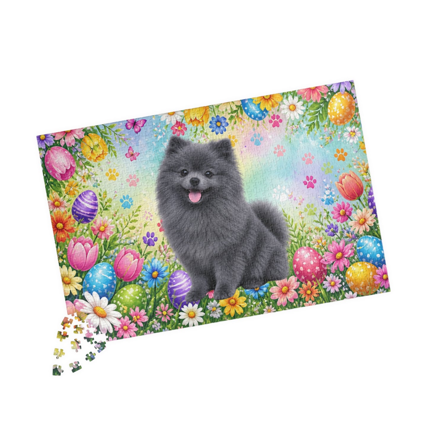 Pomeranian (Blue) Easter Puppy Puzzle - Spring Garden with Eggs, Tulips, and Daisies