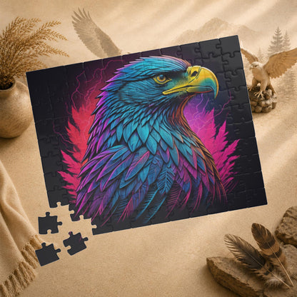 Triumphant Talons - Blacklight Neon Eagle Head Puzzle with Teal and Purple Feathers on Deep Black