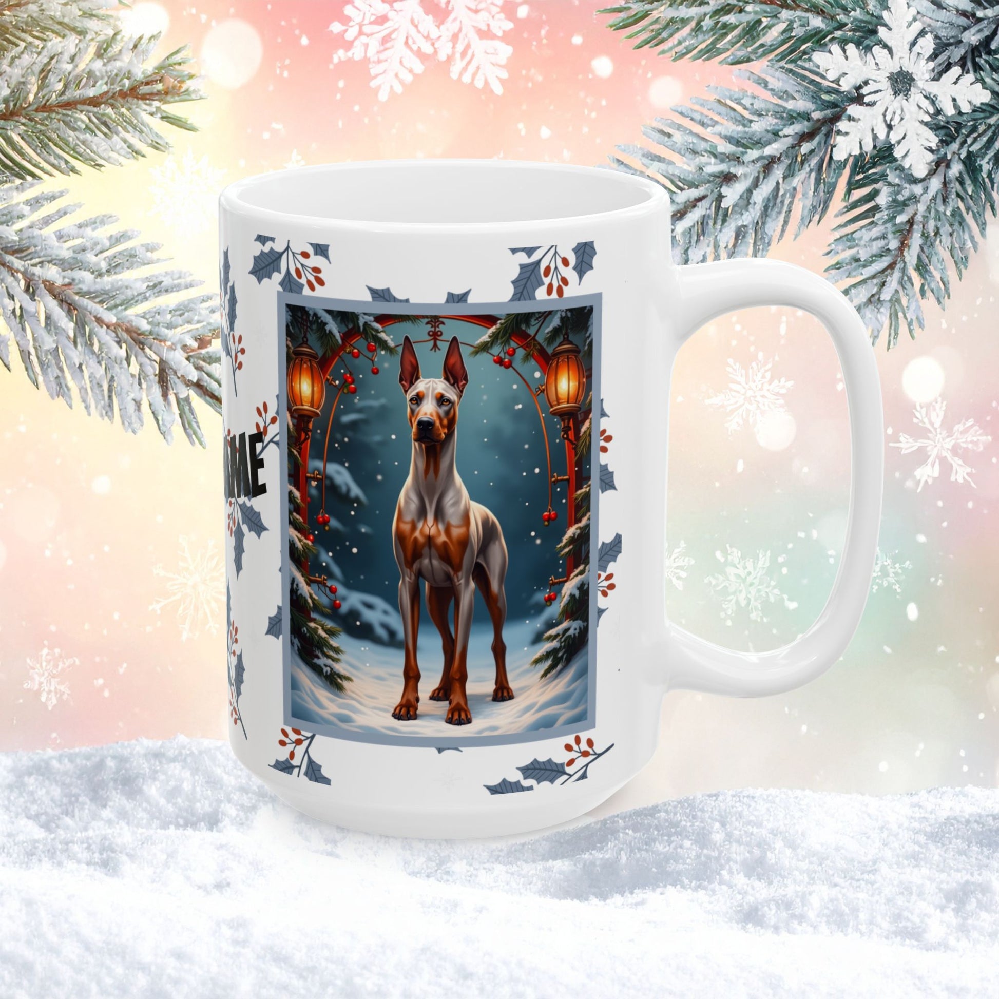 Doberman (Fawn & Rust) Winter Mug - fawn and rust Doberman illustrated in a bright winter scene with frosted pine branches