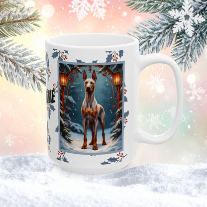 Doberman (Fawn & Rust) Winter Mug - fawn and rust Doberman illustrated in a bright winter scene with frosted pine branches