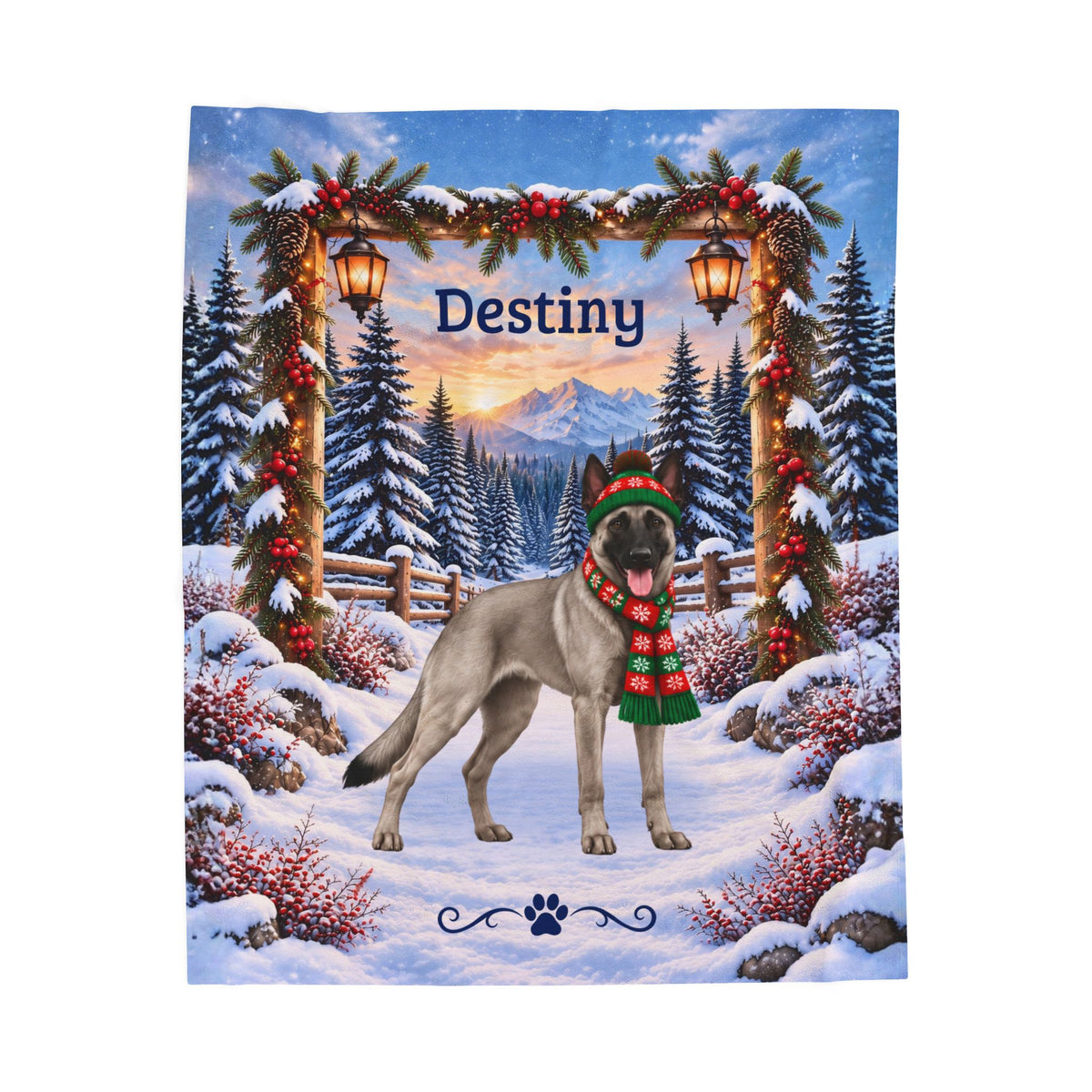 Belgian Malinois (Gray Coat) - Personalized Snowy Mountain Throw, Custom Dog Name Winter Blanket
