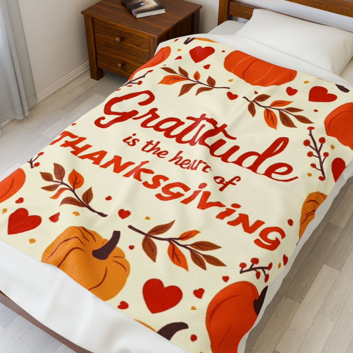 Thanksgiving blanket with “Gratitude Is the Heart of Thanksgiving,” cozy seasonal gratitude design.