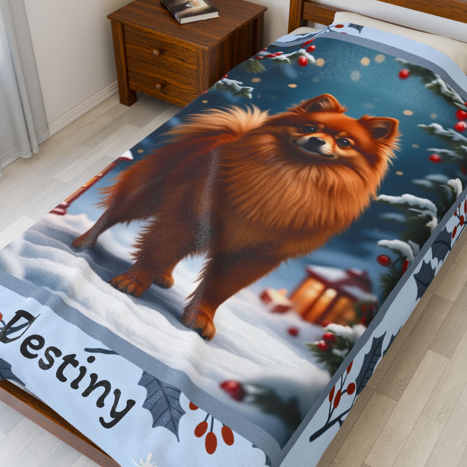 Pomeranian Red custom winter blanket with a vibrant red Pom in a bright illustrated lodge-style setting