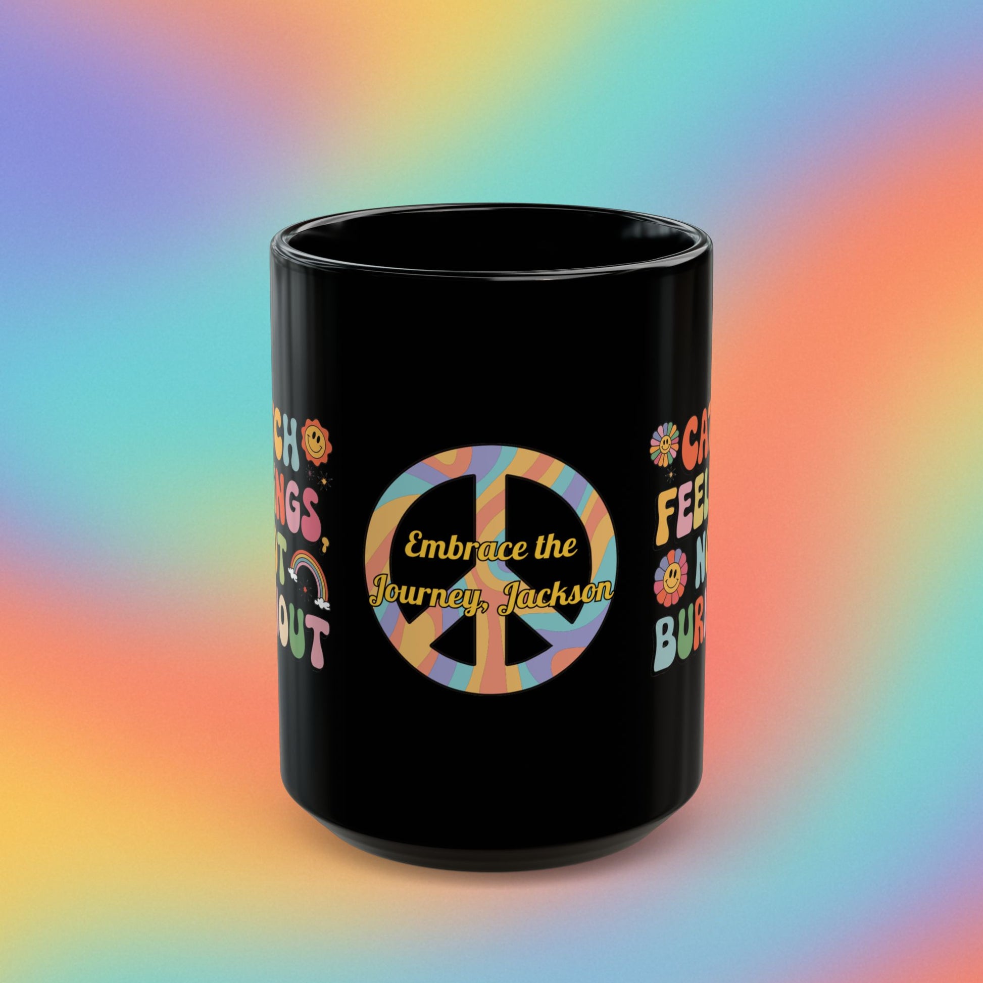 Catch Feelings Not Burnout personalized coffee mug, retro 70s mental health cup, self-care gift - MySisterIsASurvivor