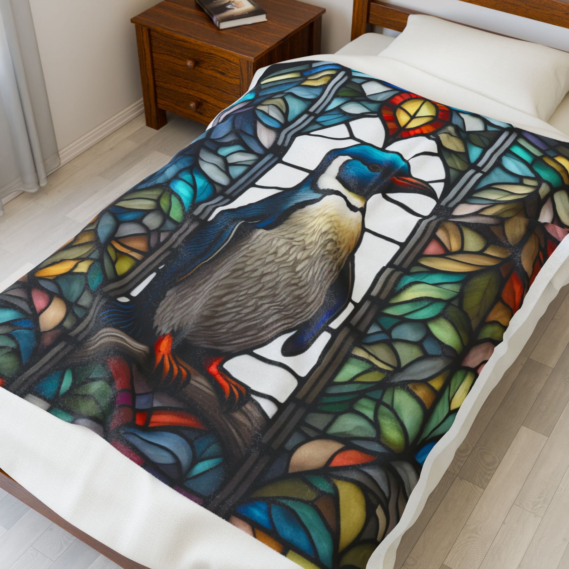 A cozy penguin blanket with stained glass-inspired art, perfect for winter warmth and comfort.