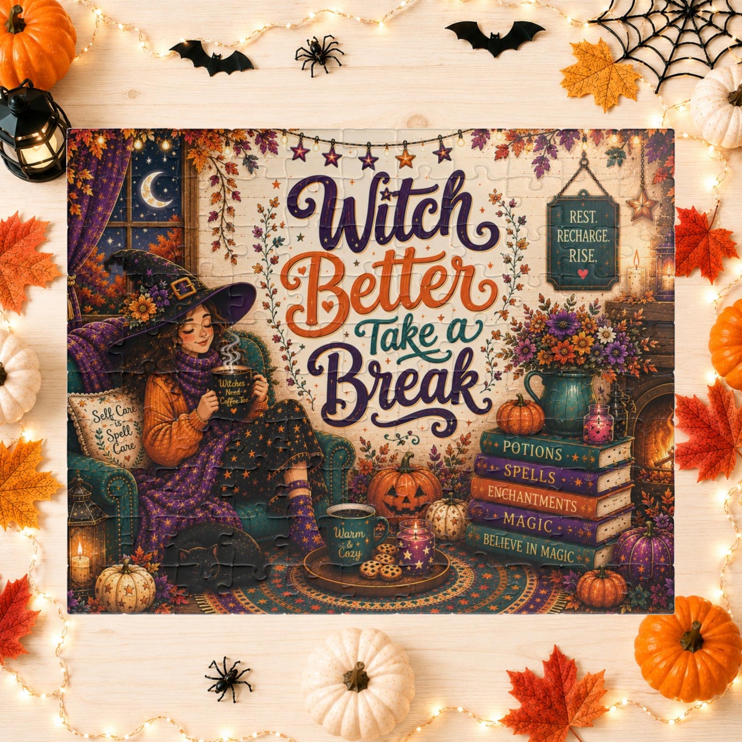Witch Better Take a Break Halloween Puzzle - Witch in Armchair with Self Care is a Spell Pillow and Magic Books