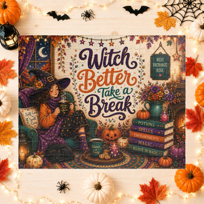 Witch Better Take a Break Halloween Puzzle - Witch in Armchair with Self Care is a Spell Pillow and Magic Books
