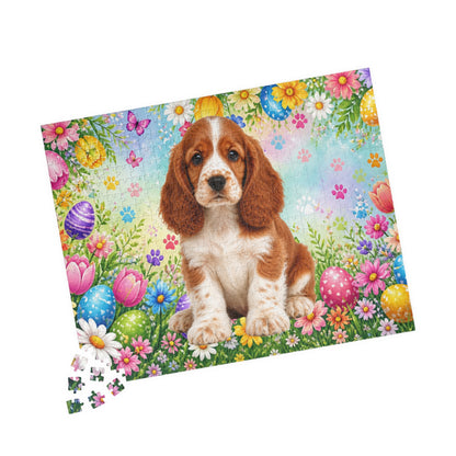 American Cocker Spaniel (Red & White) Easter Puppy Puzzle - Spring Garden with Eggs, Tulips, and Daisies