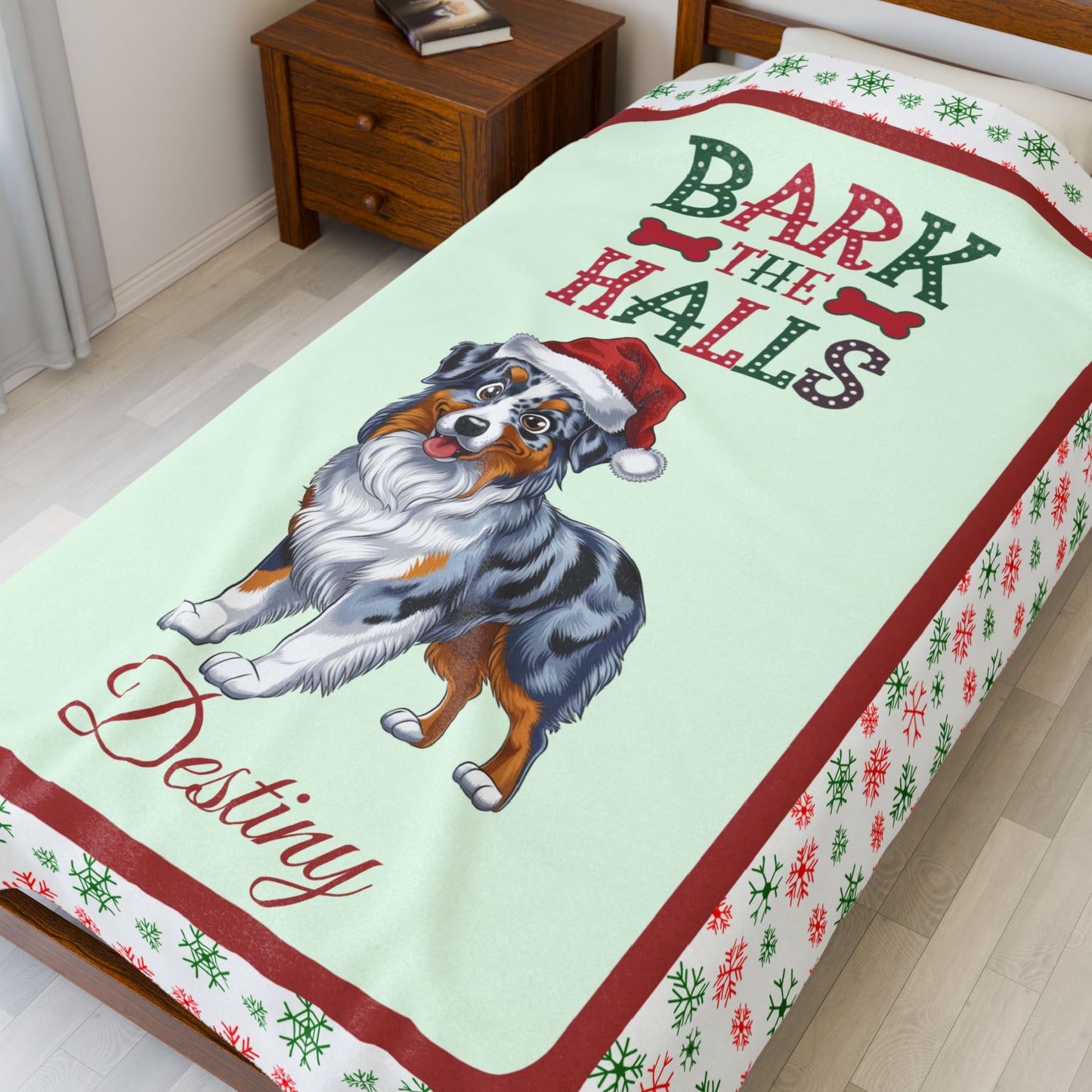 Blue Merle Australian Shepherd personalized velveteen blanket, cozy bark the halls dog throw