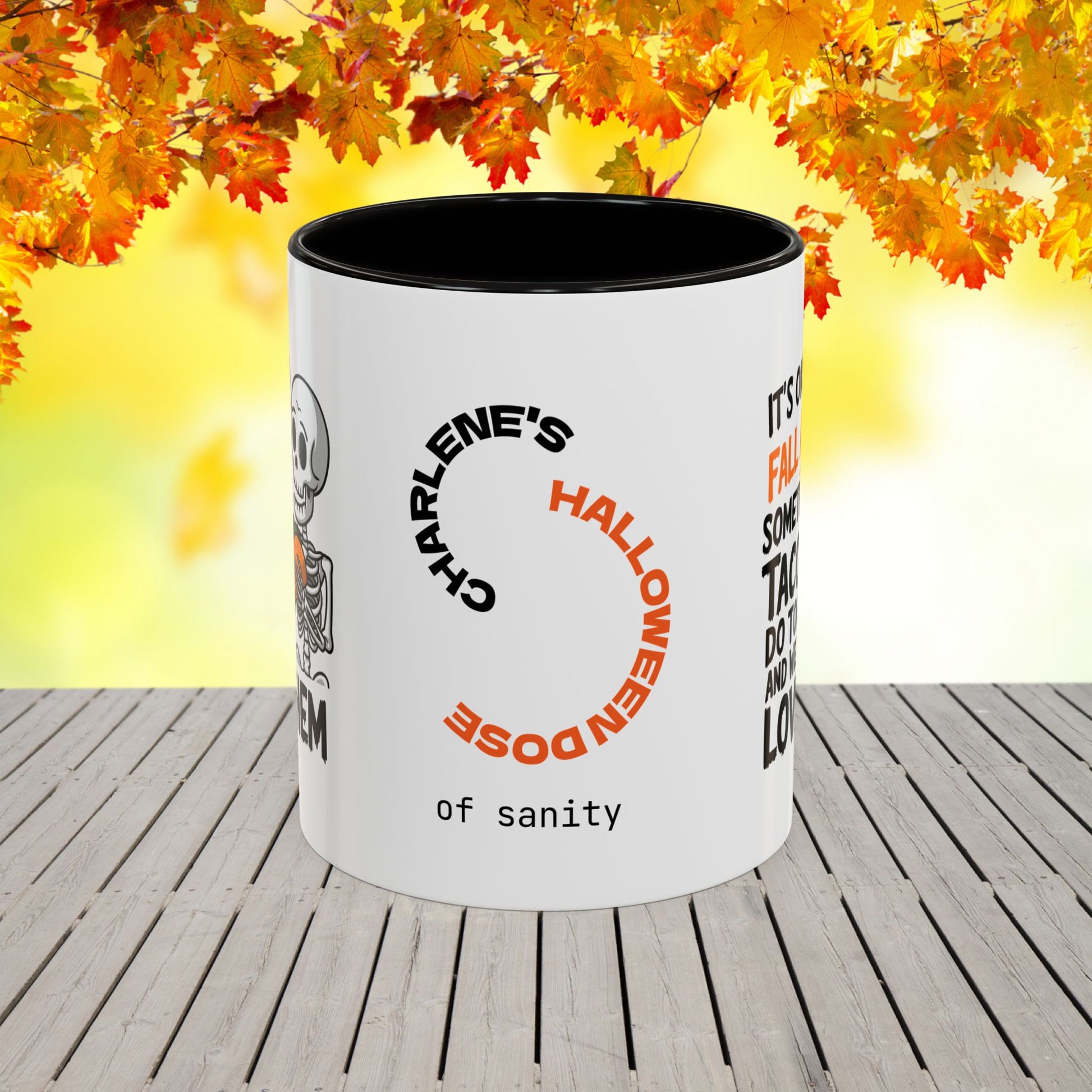 Personalized Halloween mug with taco quote, “It’s Okay to Fall Apart,” uplifting mental wellness gift with name.
