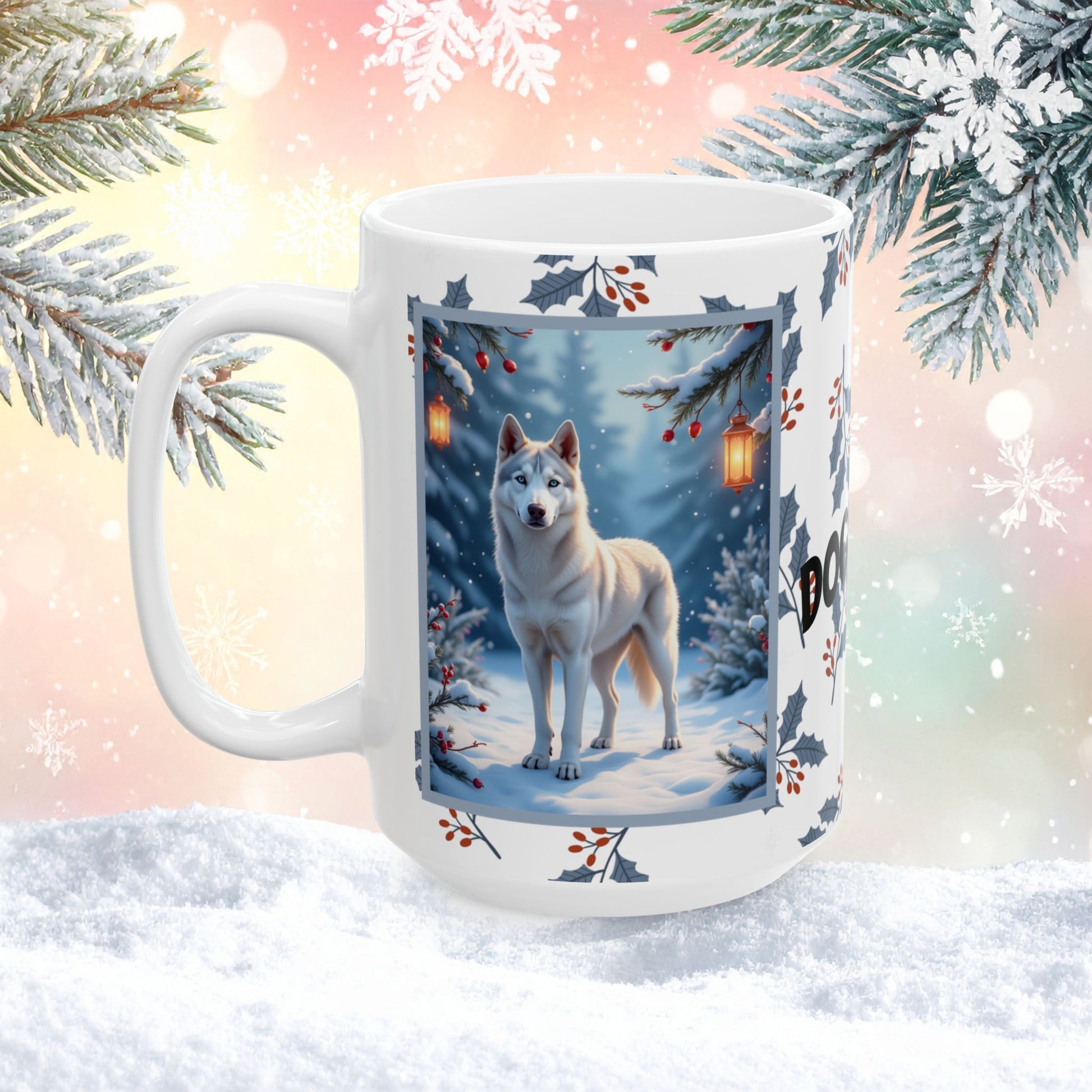 Husky (Silver) Winter Mug - silver husky artwork standing in a bright winter setting with soft snow details