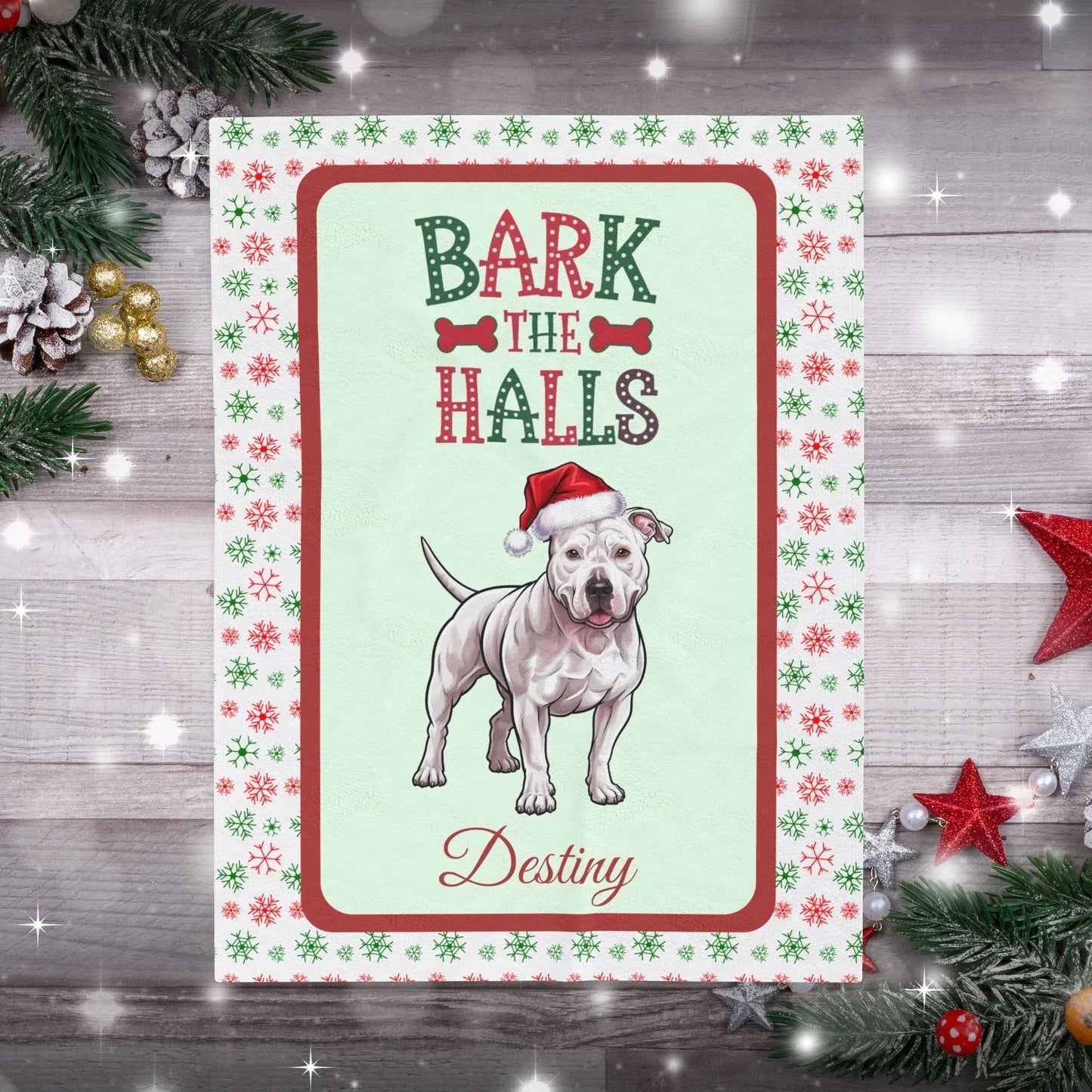 Shop our premium pitbull white personalized velveteen plush blanket bark the halls from MySisterIsASurvivor.
