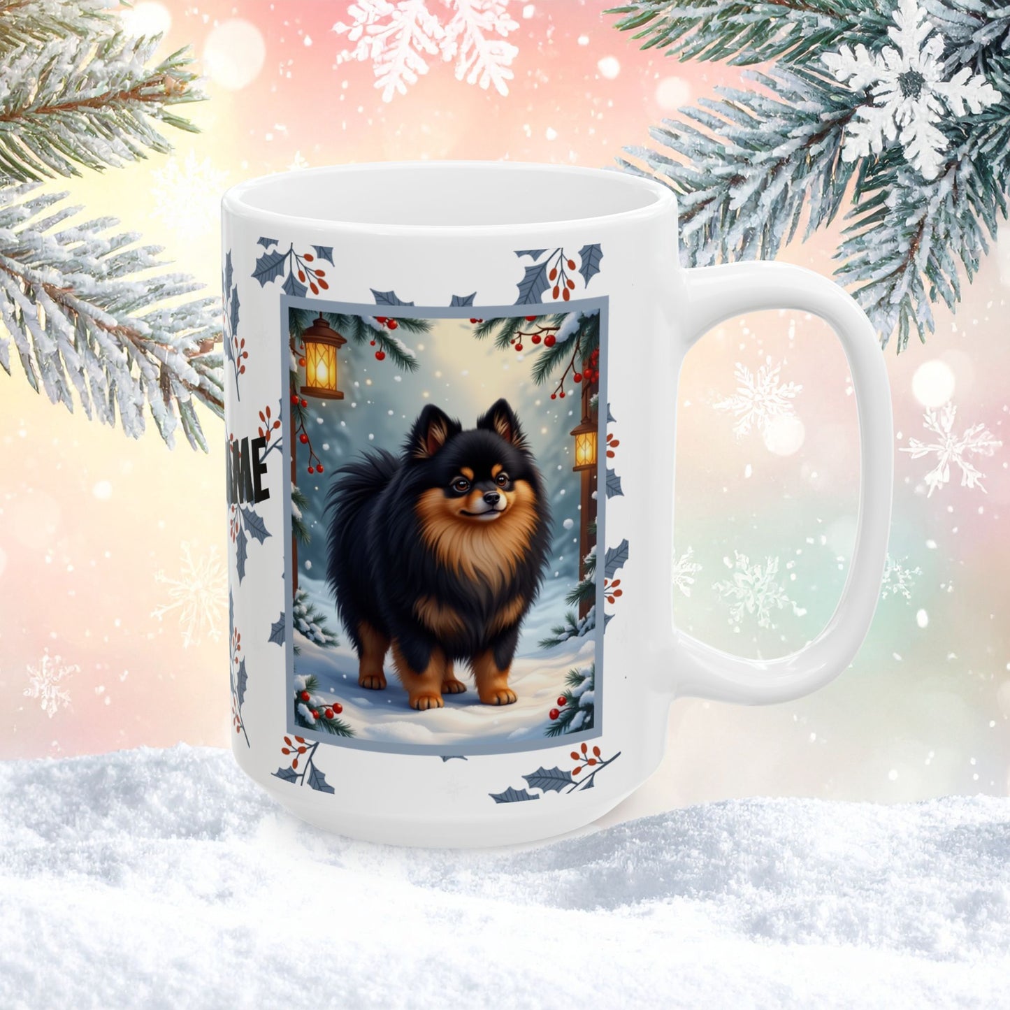 Pomeranian (Black & Tan) Winter Mug - black and tan pomeranian illustrated standing in a winter scene with snowy background