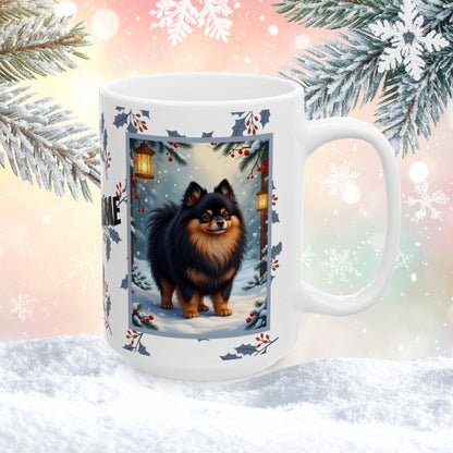 Pomeranian (Black & Tan) Winter Mug - black and tan pomeranian illustrated standing in a winter scene with snowy background