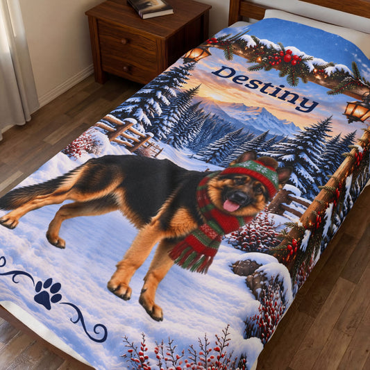 German Shepherd (Blanket Coat) - Personalized Winter Lodge Blanket, Custom Name Velveteen Throw - MySisterIsAsurvor