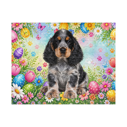 American Cocker Spaniel (Blue Roan) Easter Puppy Puzzle - Spring Garden with Eggs, Tulips, and Daisies