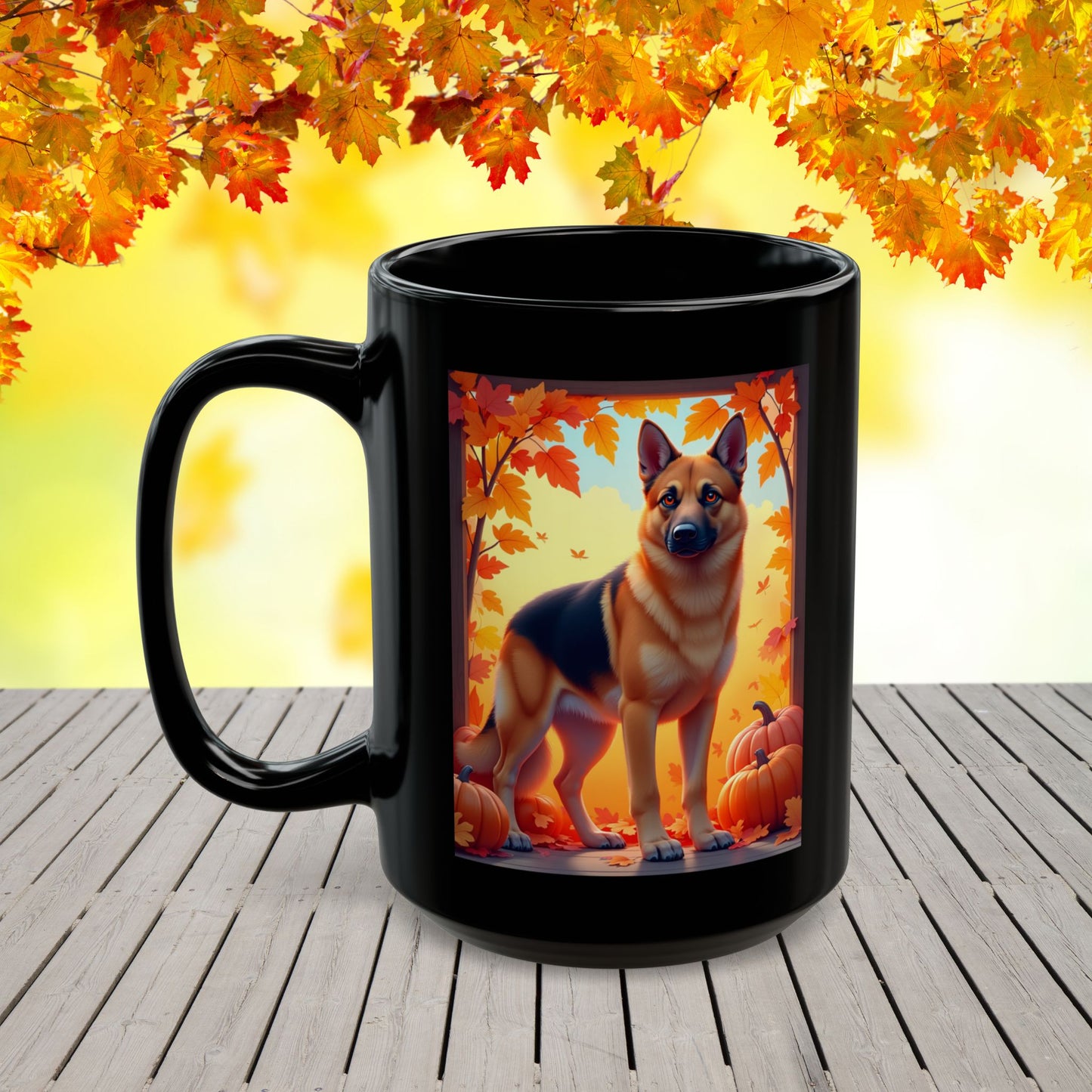Black & Tan German Shepherd Autumn Custom Coffee Mug - Personalized Dog Lover Cup for Seasonal Sips