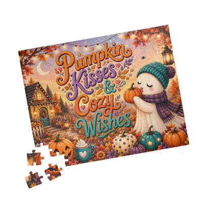 Pumpkin Kisses & Cozy Wishes Halloween Puzzle - Beanie Ghost with Pumpkins, Heart Mug, and Fall Leaves