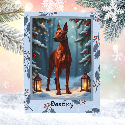 Doberman Red custom winter dog blanket featuring a Doberman standing in a bright snowy lodge-style illustration