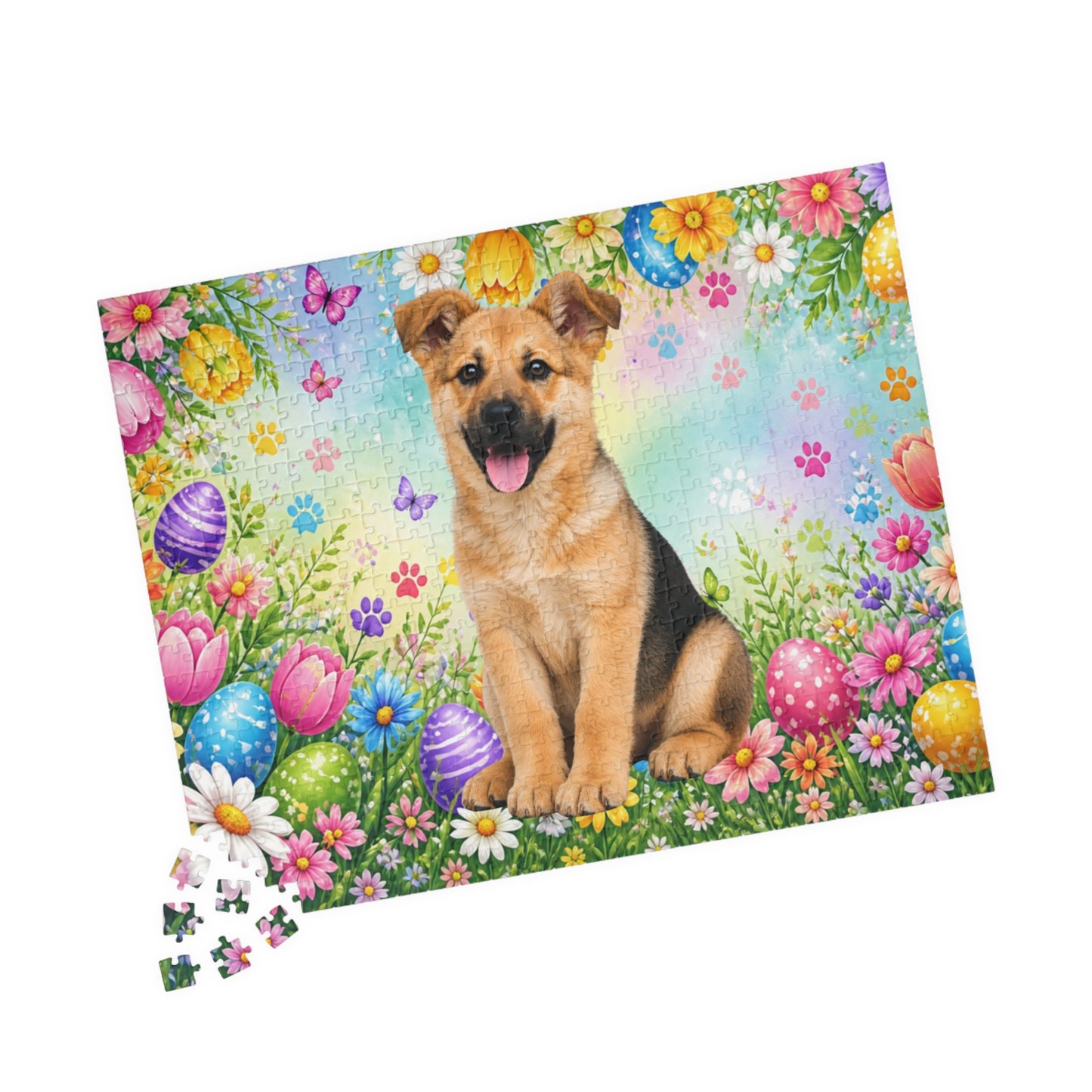 German Shepherd (Black & Tan) Easter Puppy Puzzle - Tulips, Easter Eggs, and Butterflies