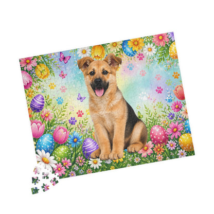 German Shepherd (Black & Tan) Easter Puppy Puzzle - Tulips, Easter Eggs, and Butterflies