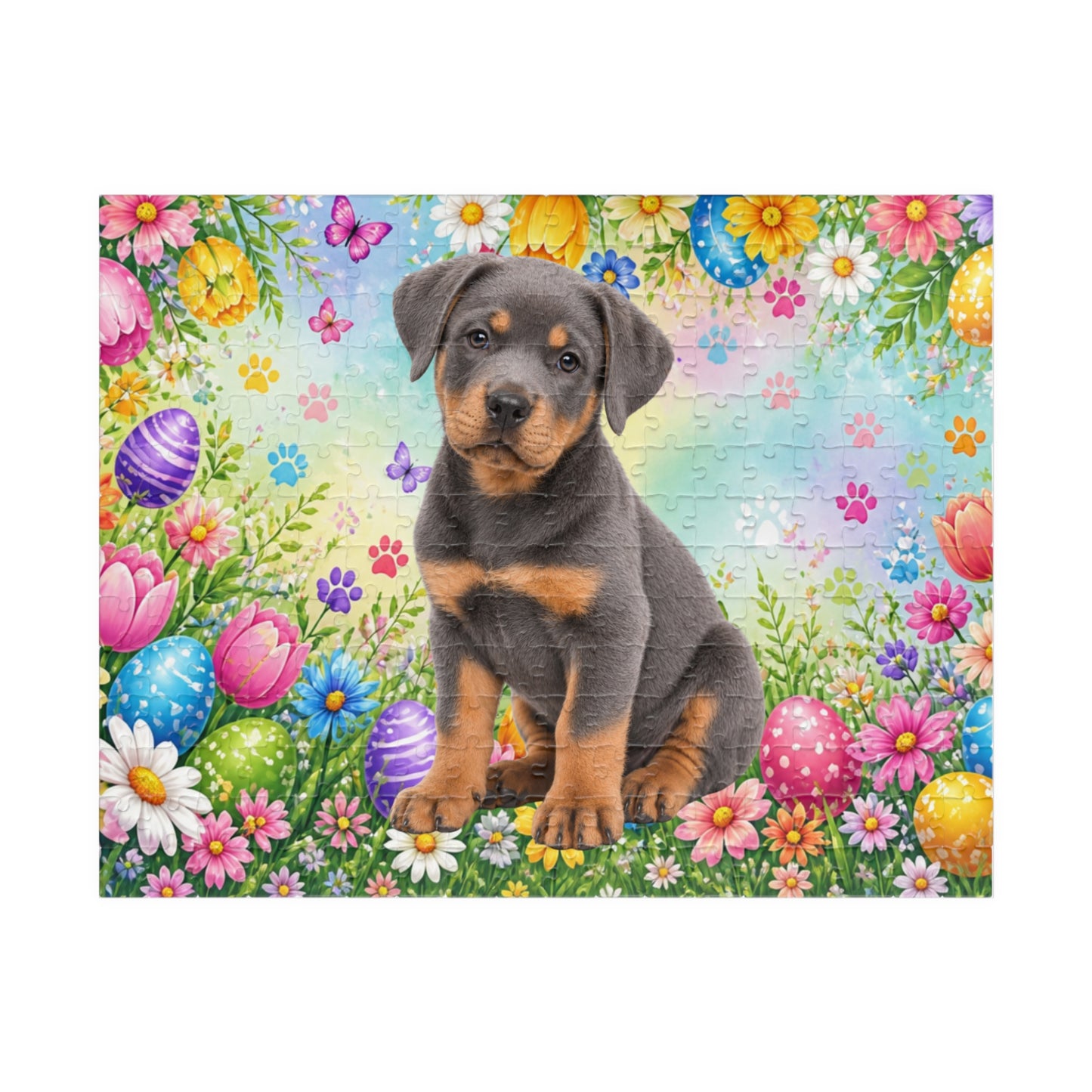 Rottweiler (Blue) Easter Puppy Puzzle - Spring Garden with Eggs, Tulips, and Butterflies