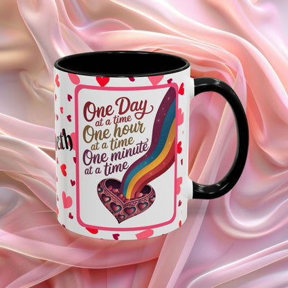 One Day At A Time Valentines mug promoting calm and patience, supportive Valentine coffee cup