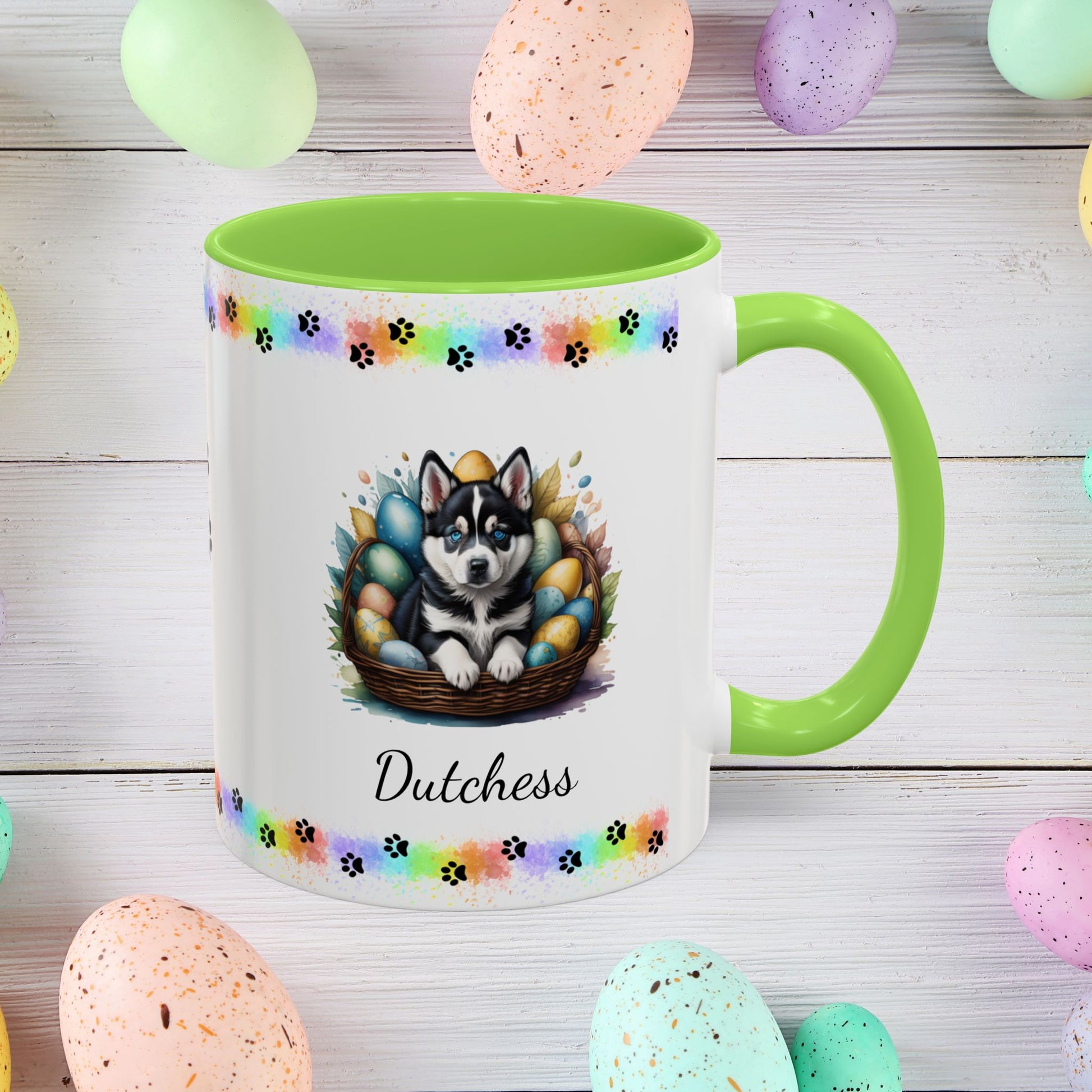 Siberian Husky: Personalized Easter Puppy Coffee Mug - Adorable Dog Design, Mental Health Gift, 11oz & 15oz, 12 Color Choices, Easter Gifts & Décor
