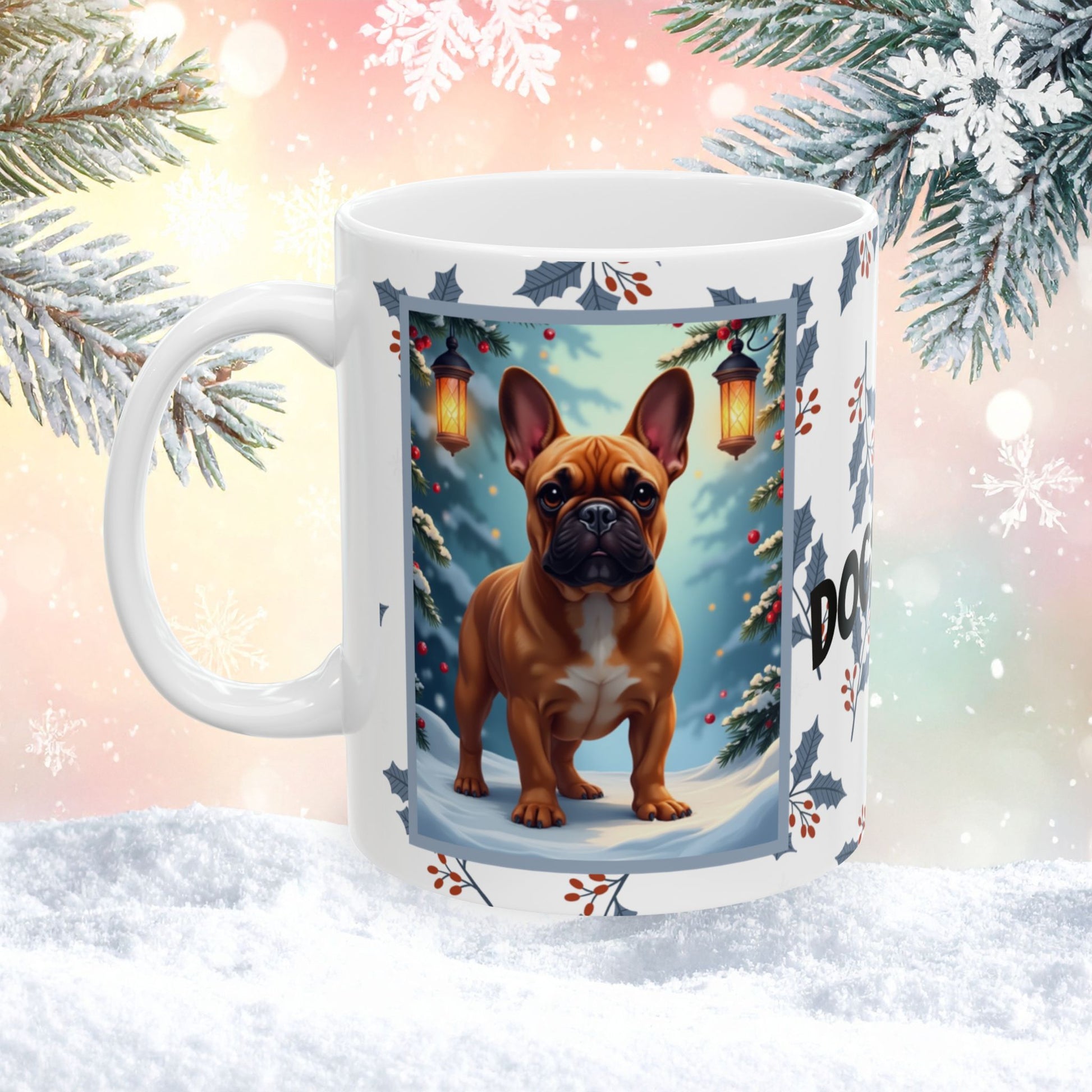 French Bulldog (Red Fawn) Winter Mug - red fawn French Bulldog artwork standing in a winter setting with snowy background