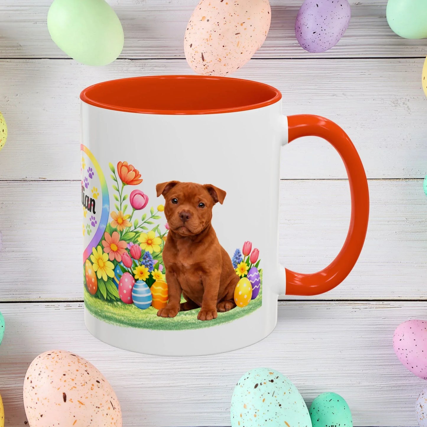 Shop our pitbull red puppy easter mug featuring the 11oz style option from MySisterIsASurvivor.