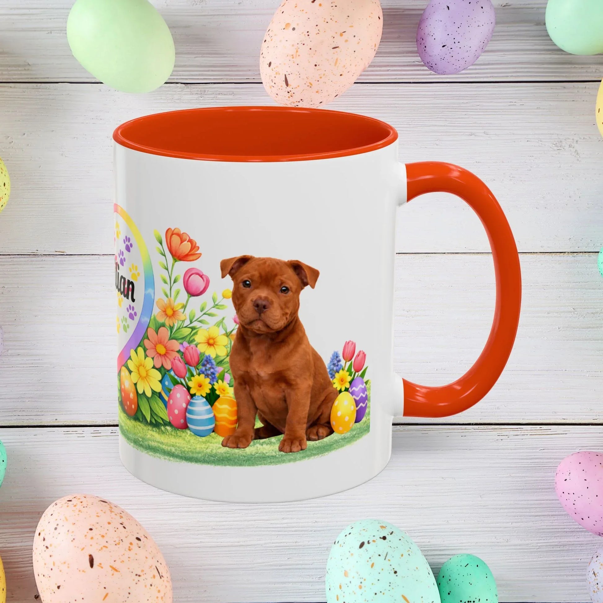 Shop our pitbull red puppy easter mug featuring the 11oz style option from MySisterIsASurvivor.