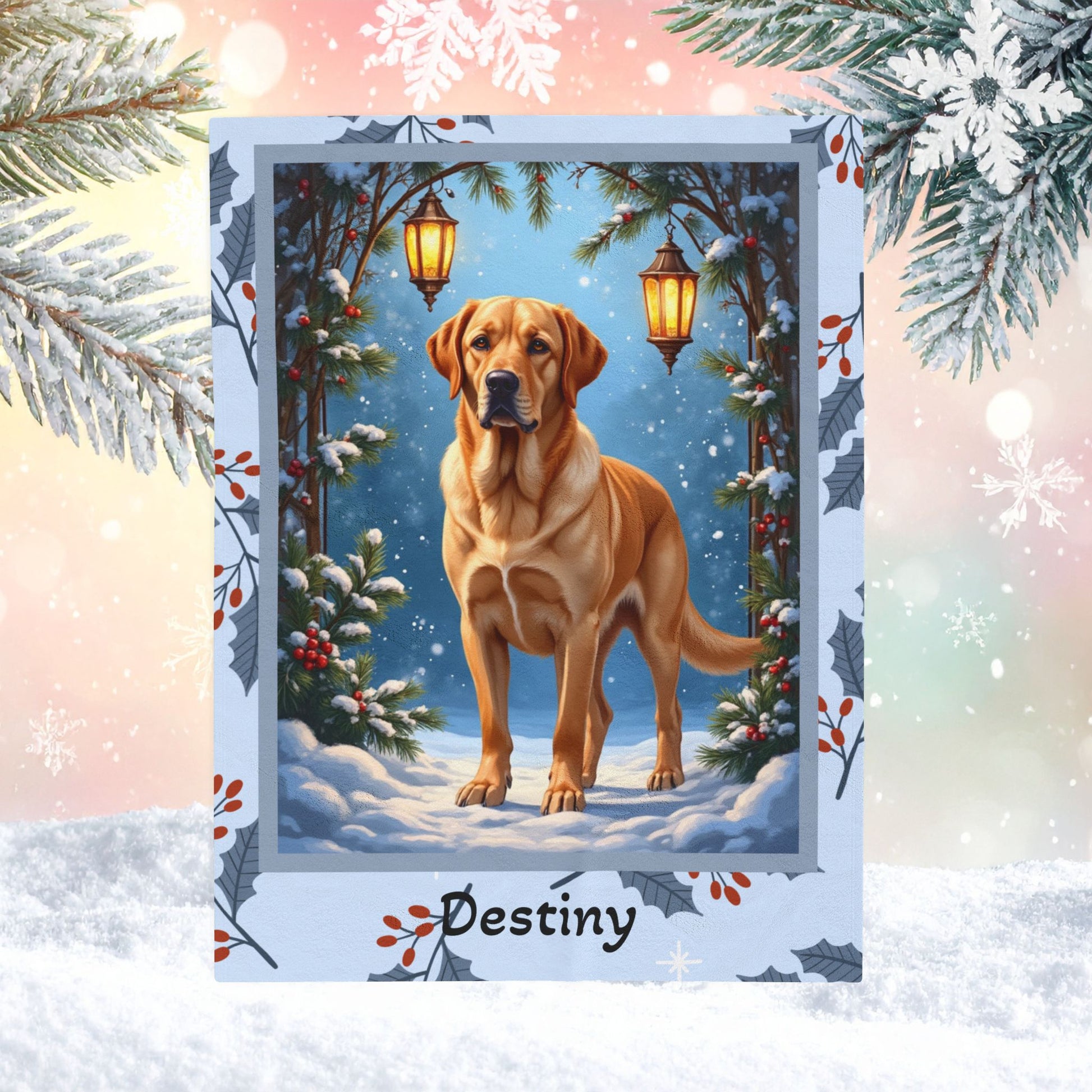 Labrador Retriever Yellow personalized winter throw showing a happy yellow Lab in a bright lodge-style scene