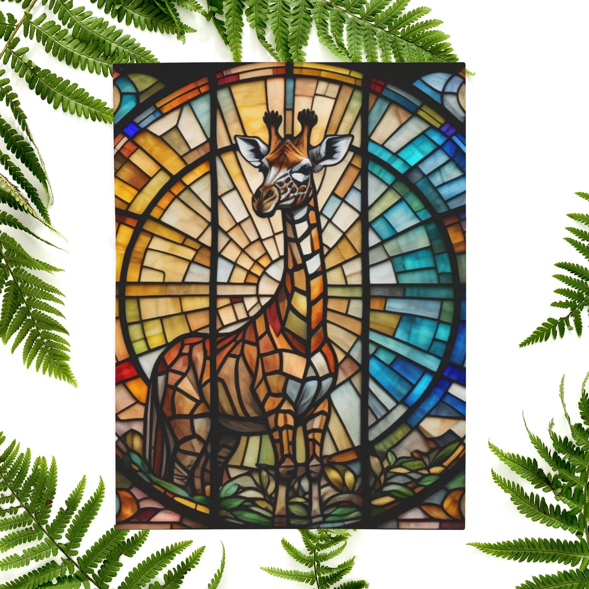 A vibrant giraffe blanket with stained glass-style art that celebrates nature and comfort.