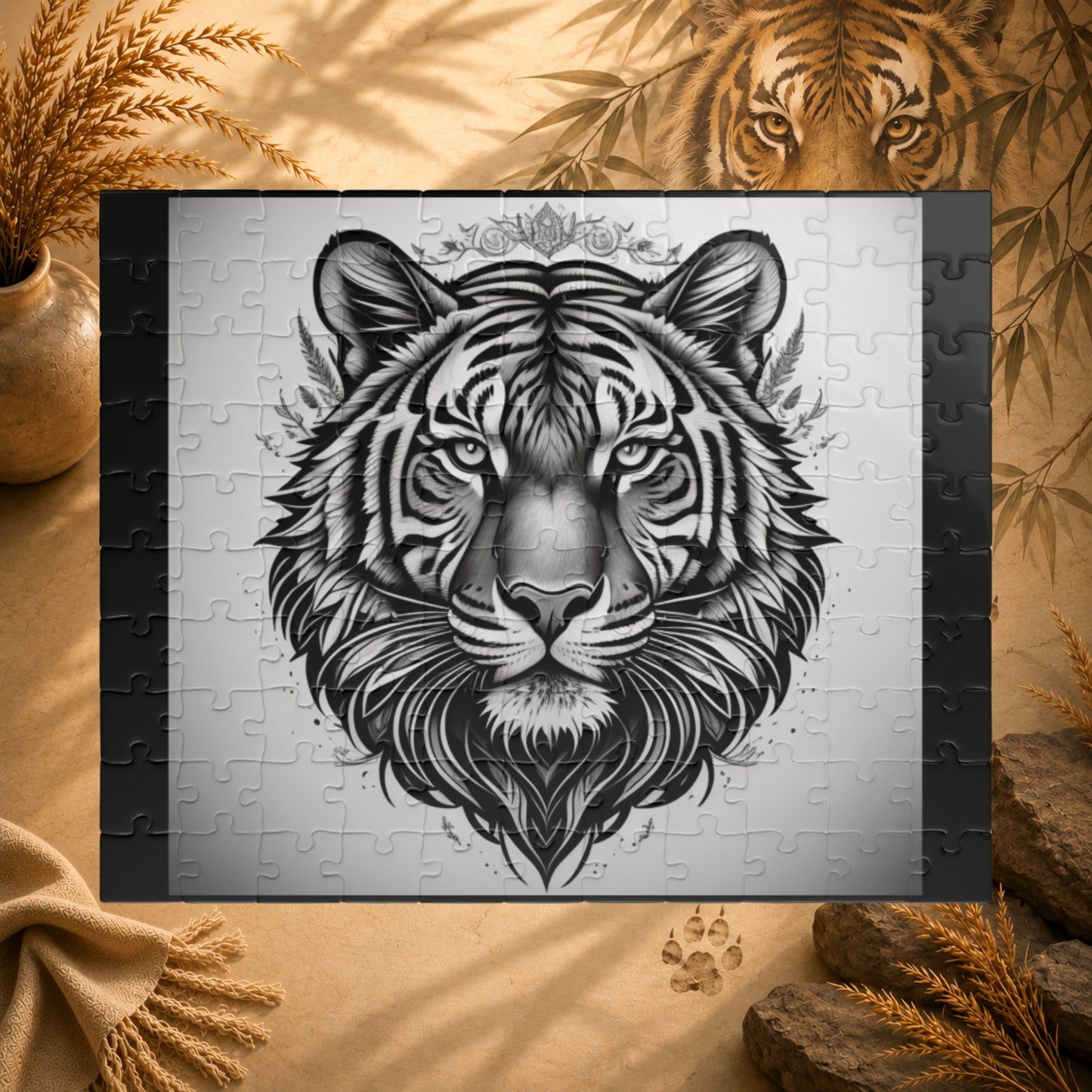 Jigsaw puzzle with a black and white tiger design on a gray background