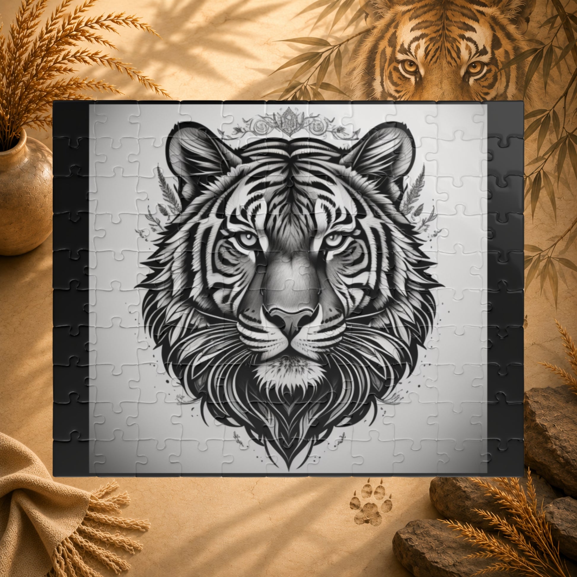 Jigsaw puzzle with a black and white tiger design on a gray background