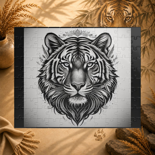 Jigsaw puzzle with a black and white tiger design on a gray background