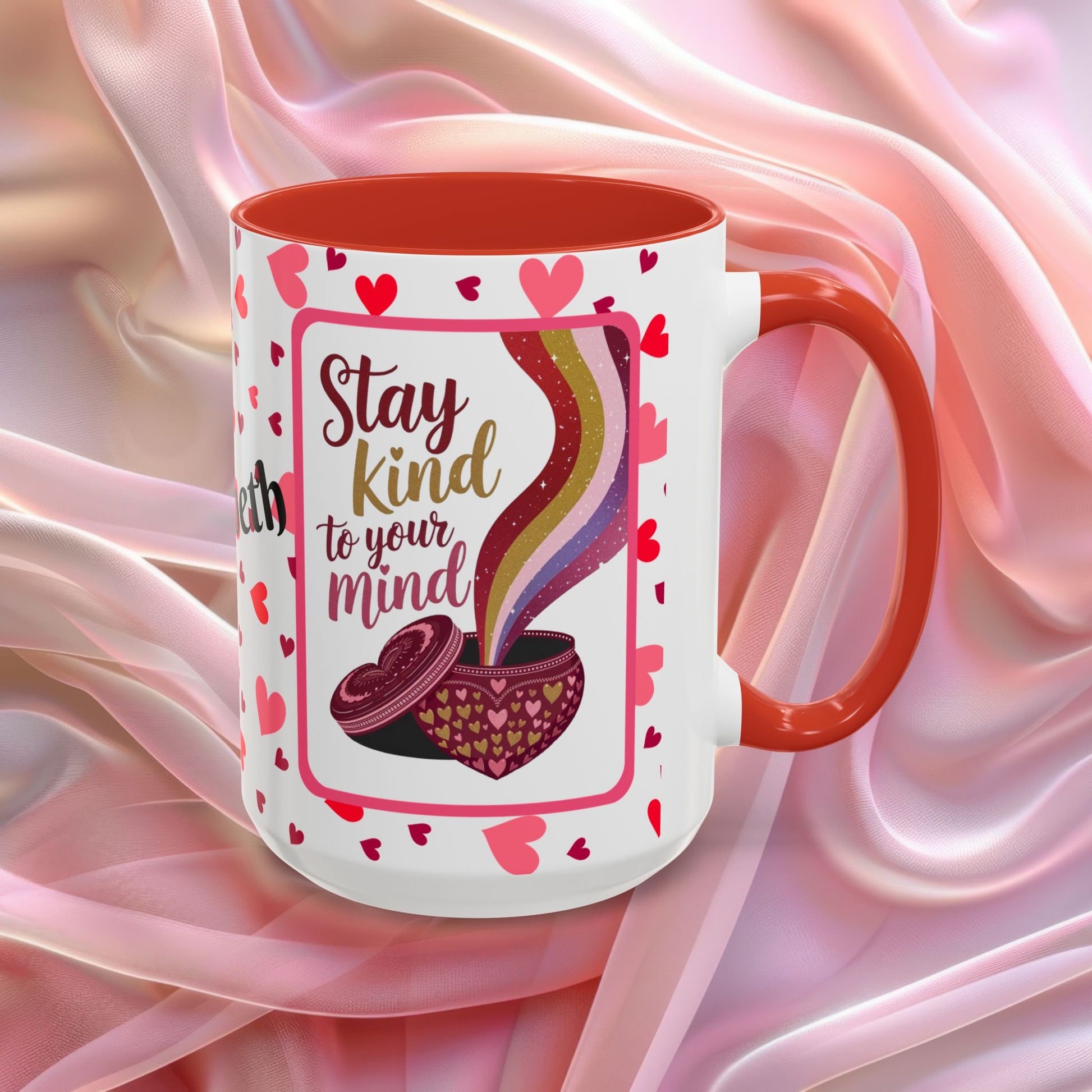 Stay Kind To Your Mind Valentines mug promoting mindfulness and balance, Valentine themed coffee cup