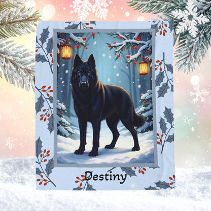 Husky Black custom winter blanket featuring a noble Husky standing in a bright illustrated winter lodge scene