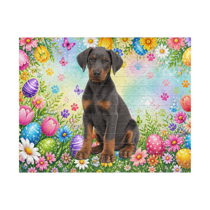 Doberman (Blue & Rust) Easter Puppy Puzzle - Spring Garden with Eggs, Tulips, and Daisies