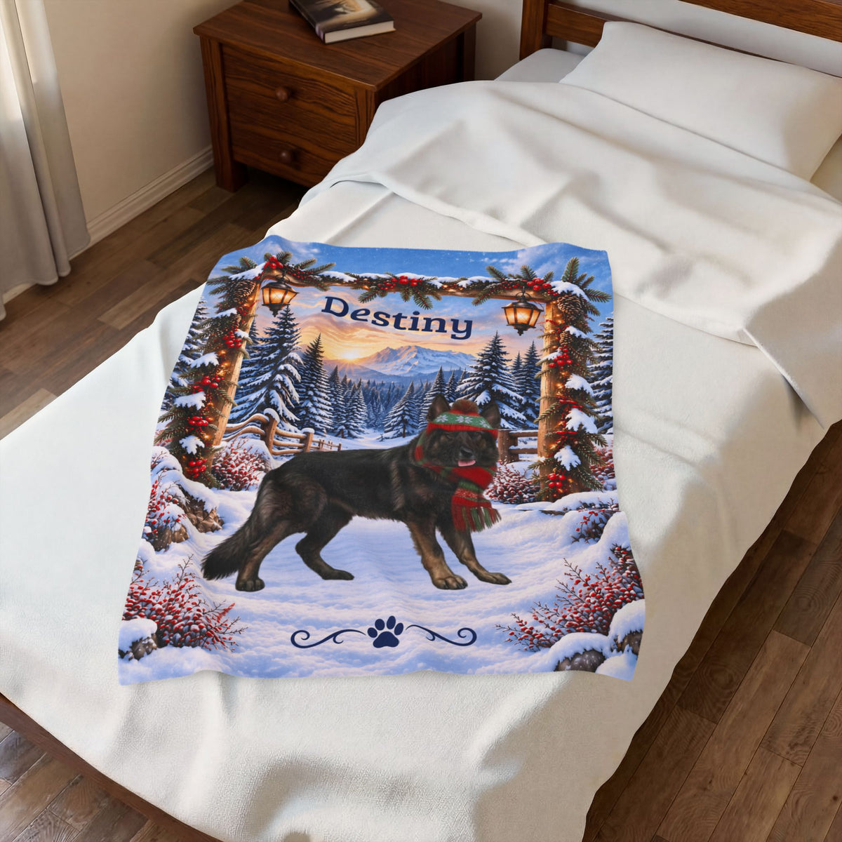 German Shepherd (Dark Sable) - Personalized Winter Lodge Blanket, Custom Name Velveteen Throw - MySisterIsAsurvor