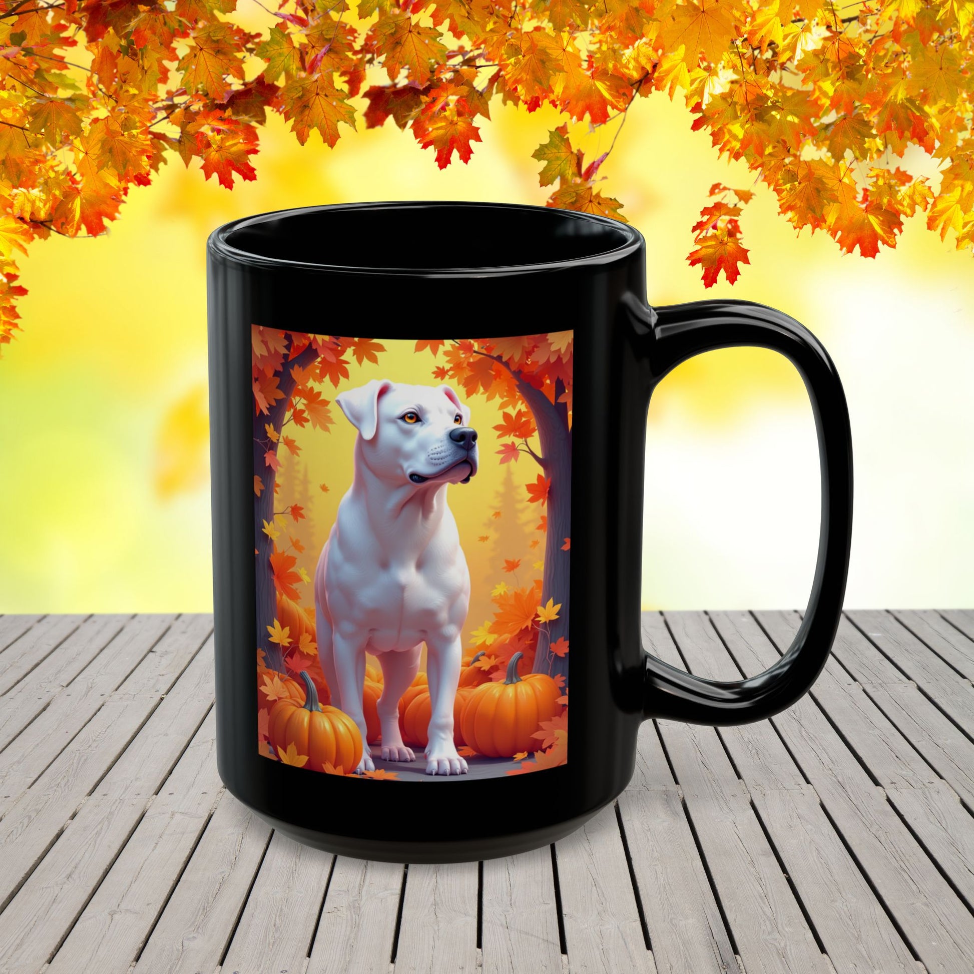 Rottweiler (White) personalized autumn coffee mug, custom dog lover fall coffee cup for Rottweiler owners